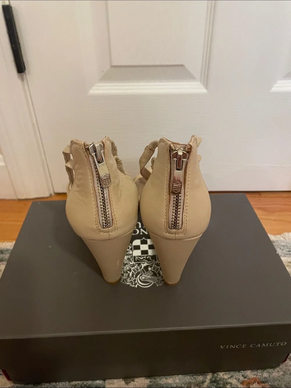 Vince Beige Jeweled T-Strap Wedge Sandals